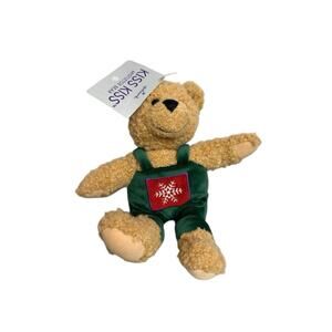 Vintage Hallmark Kiss Kiss Mistletoe Bear 10" Plush Snowflake Bear With Overalls